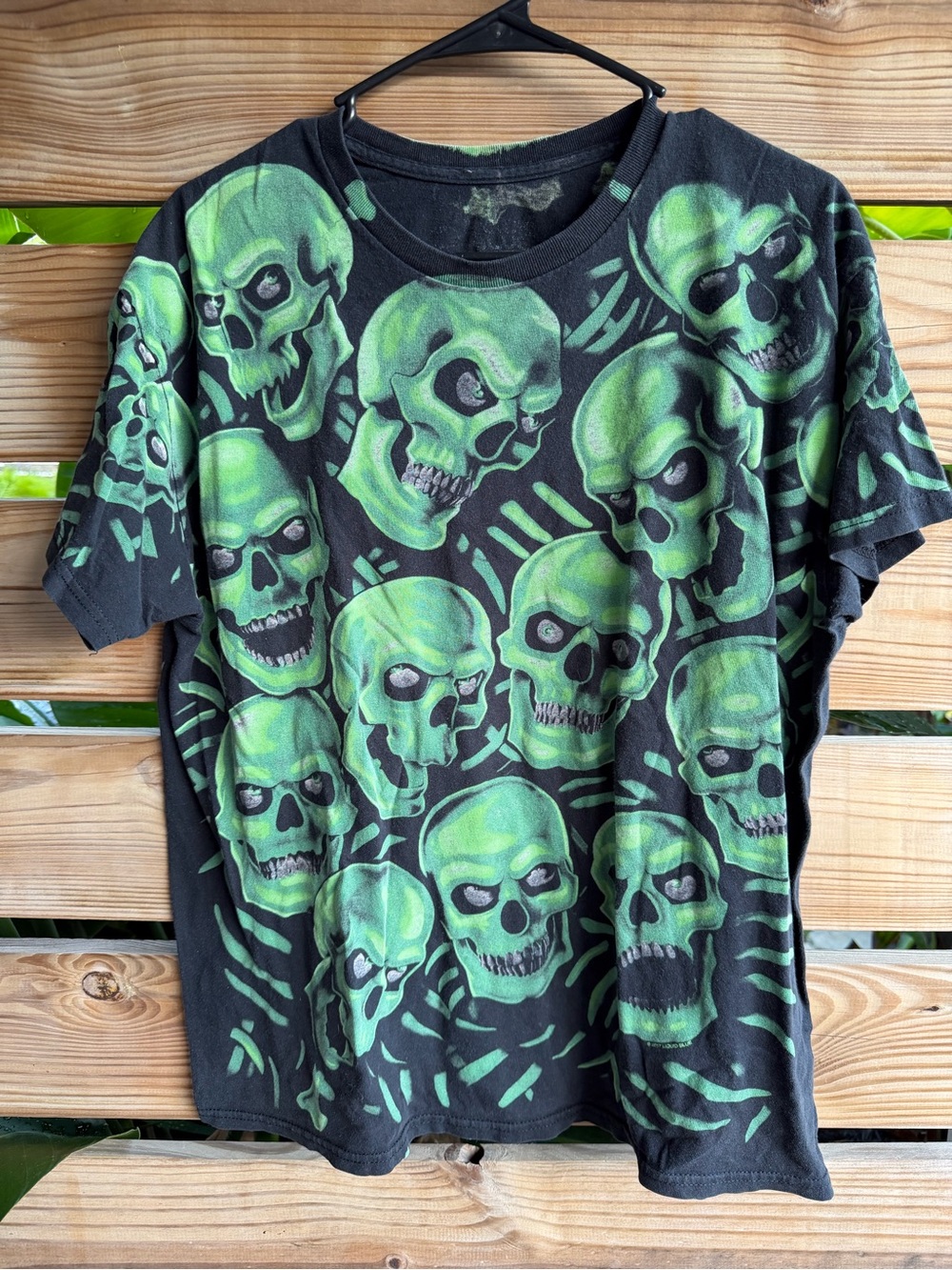 Liquid blue Black Graphic Skull Tee with Green Print